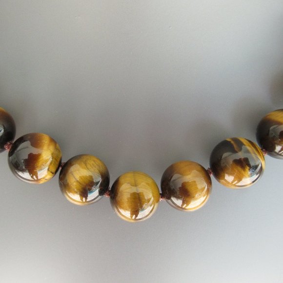 Genuine Natural Brown Tiger Eye Necklace 12mm Tiger's Eye Beads Hand Knotted 16" - Picture 2 of 6